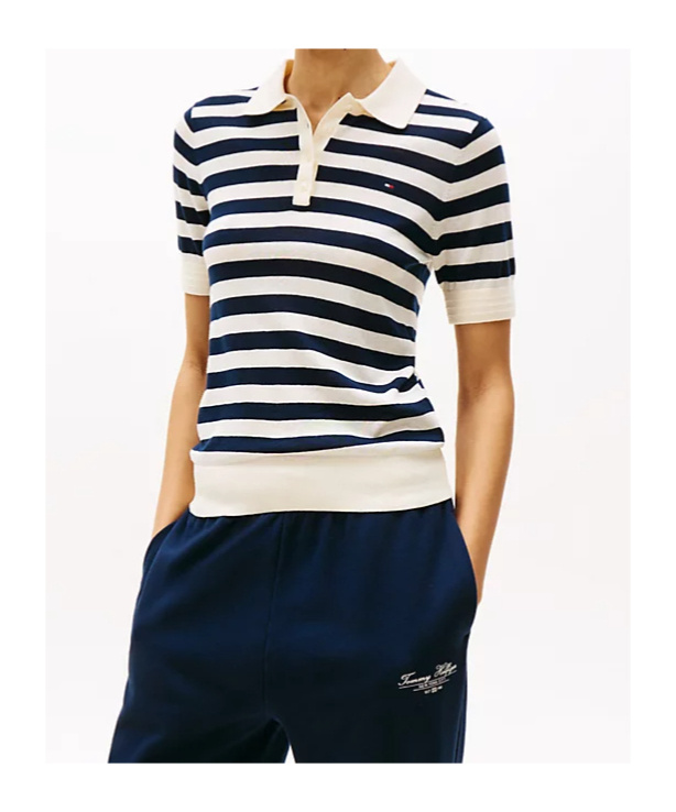 Tommy Hilfiger Womens Metallic Cotton Polo Top In White Stripes