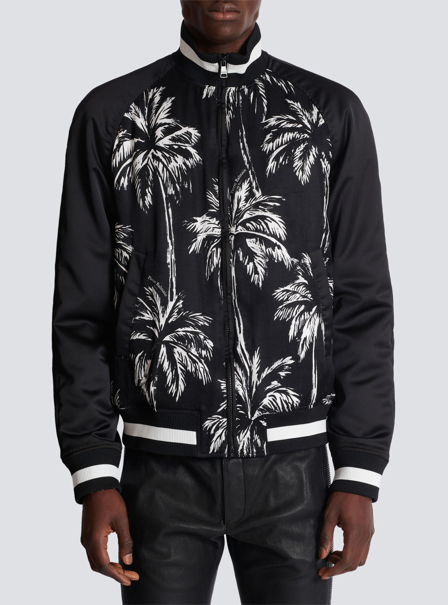 Balmain Printed Satin Palm Tree Bomber Jacket In Black