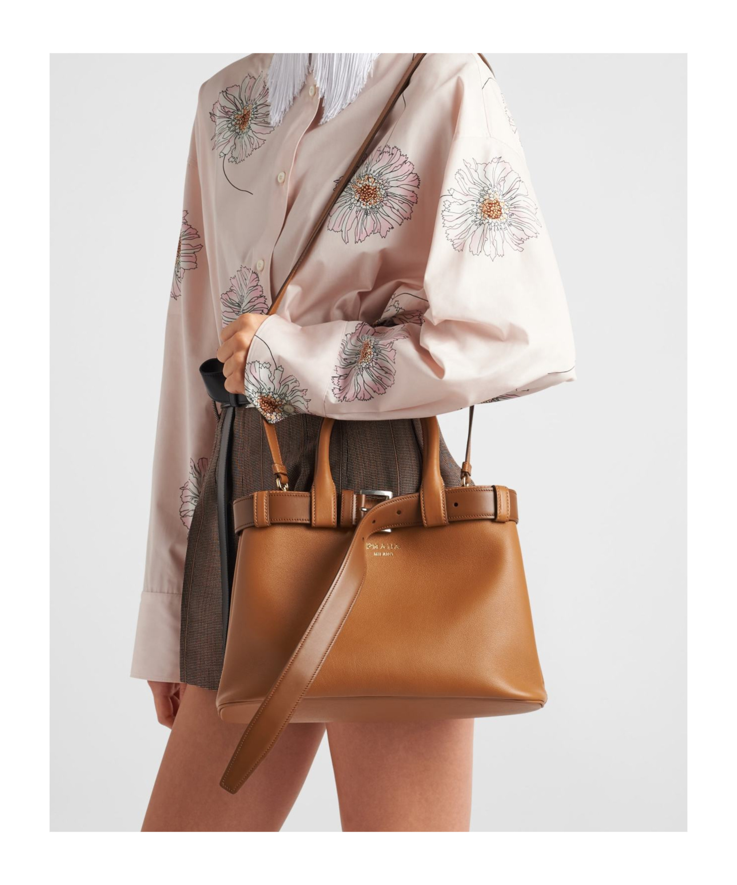 Prada Medium Logo Leather Top Handle Bag In Brown