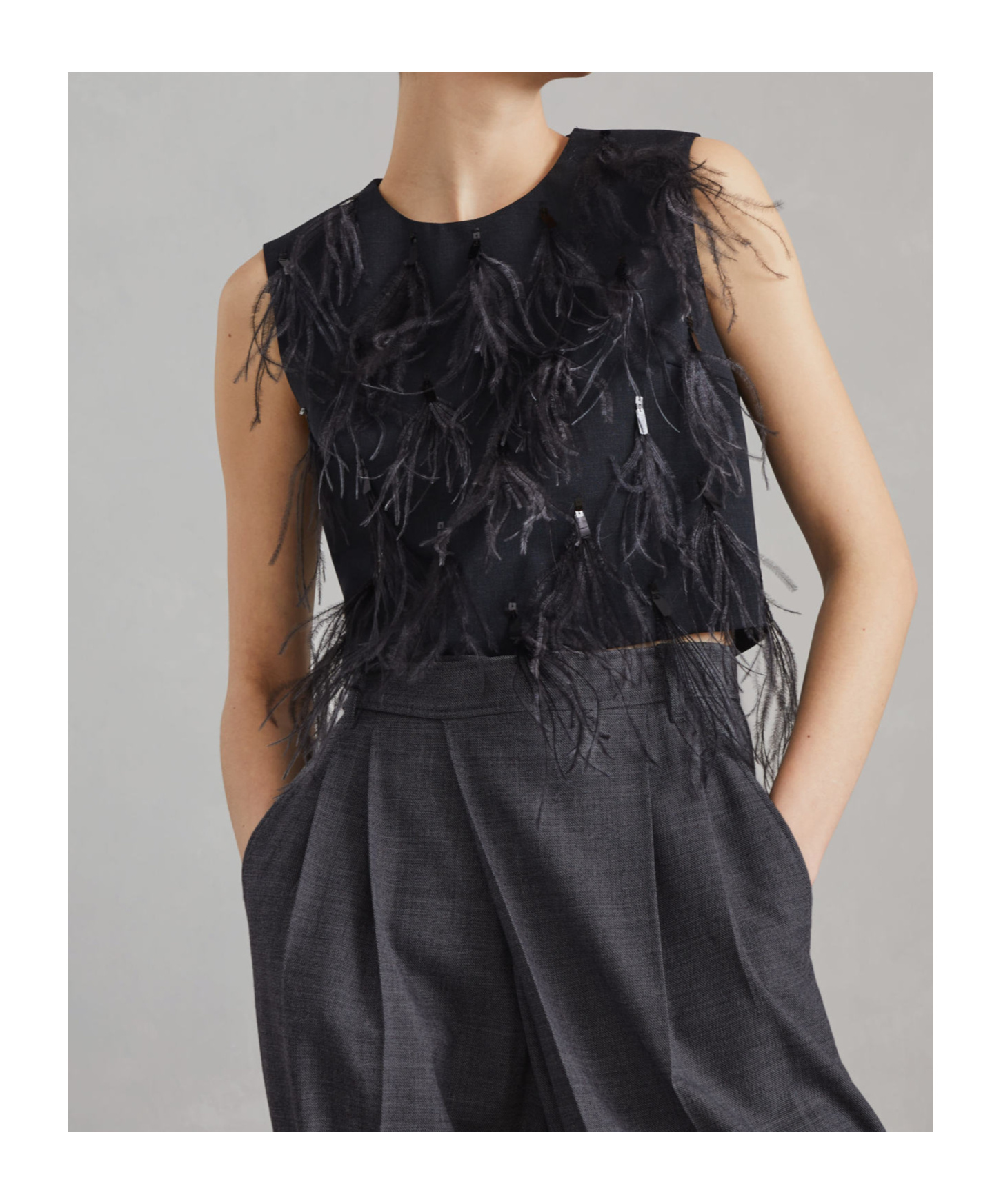 Brunello Cucinelli Feather-detailing Sleeveless Top In Black