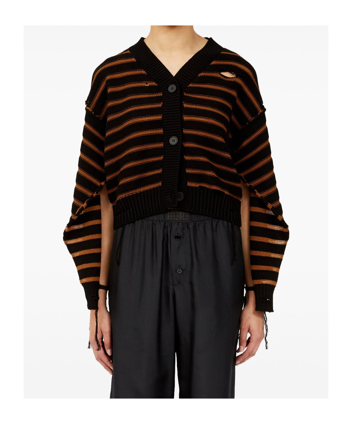Mm6 Maison Margiela Striped Cotton Knit Cardigan In Black