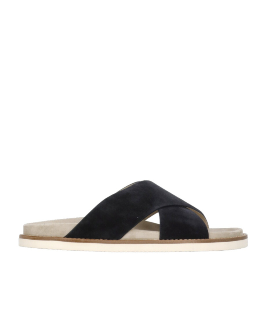 Brunello Cucinelli Black Suede Leather Slippers With Cross-strap Silhouette In Black