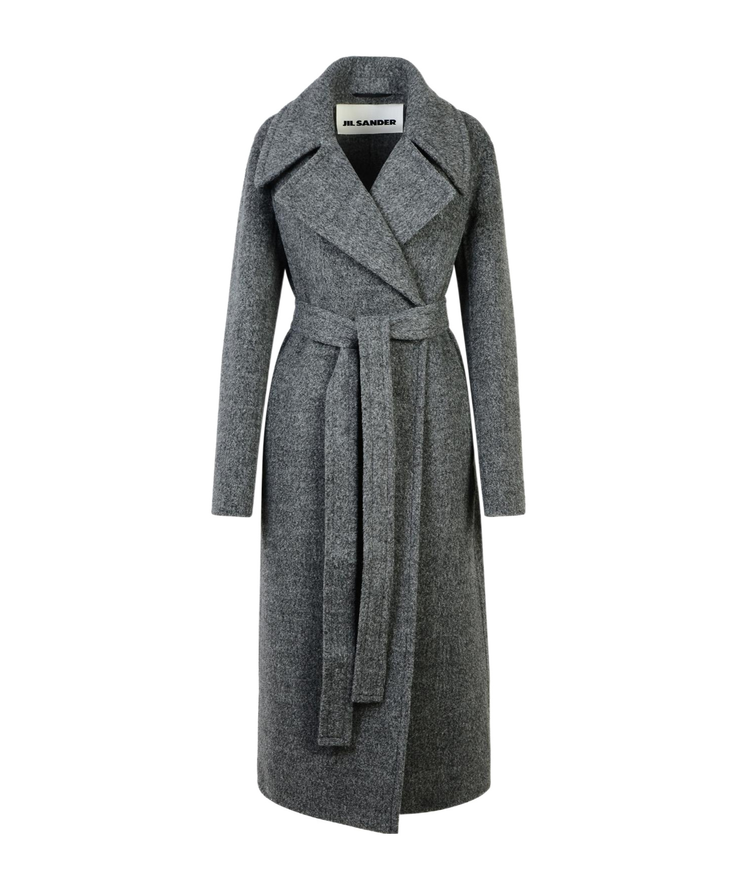 Jil Sander Long Grey Coat With Belt In Wool Blend Woman In Black