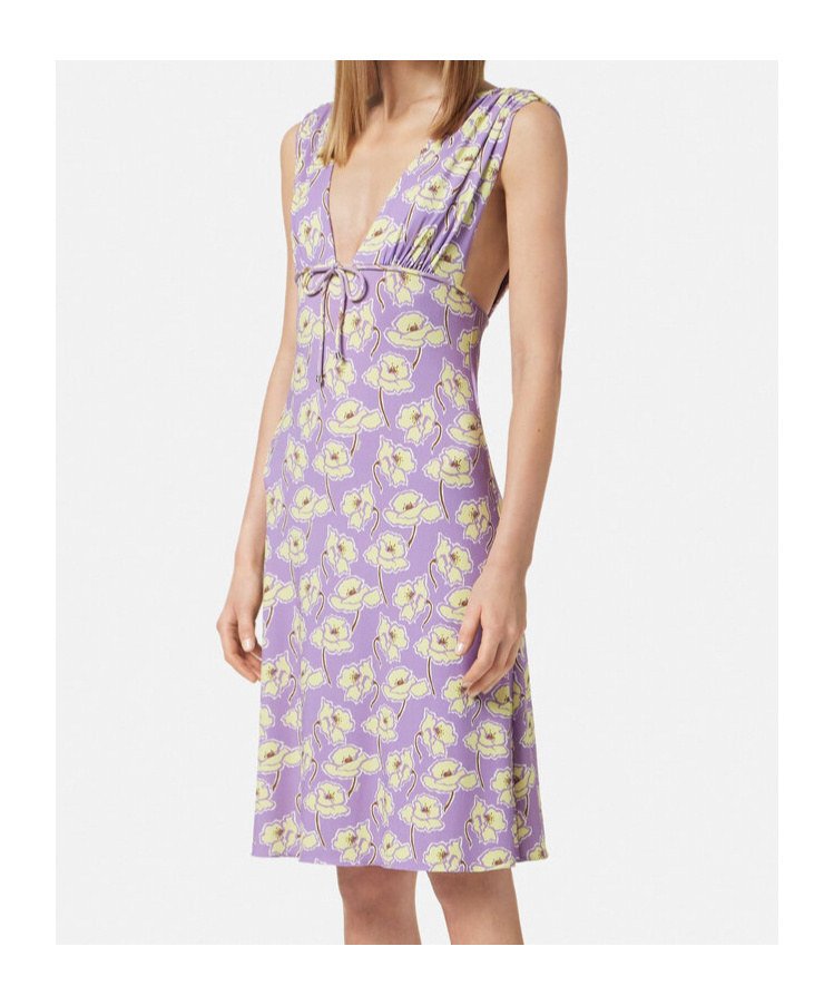 Versace Poppies V-neck Midi Dress In Multi