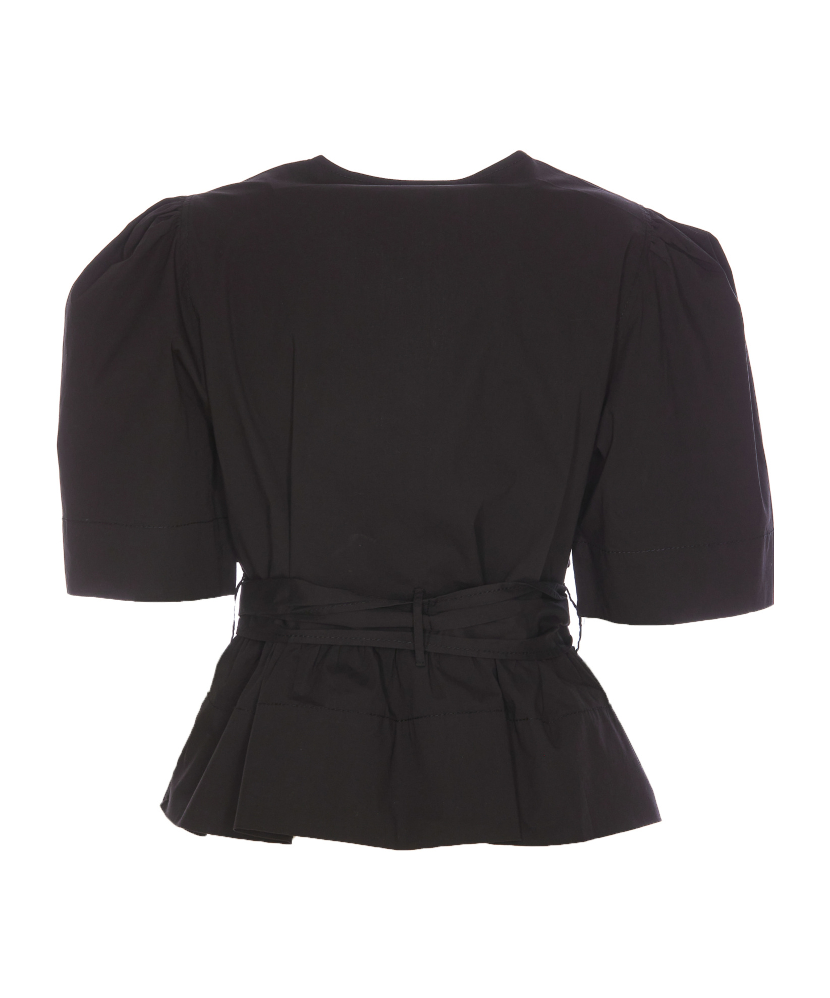 Shop Ganni Black Washed Stretch Cotton Tie Strap Blouse