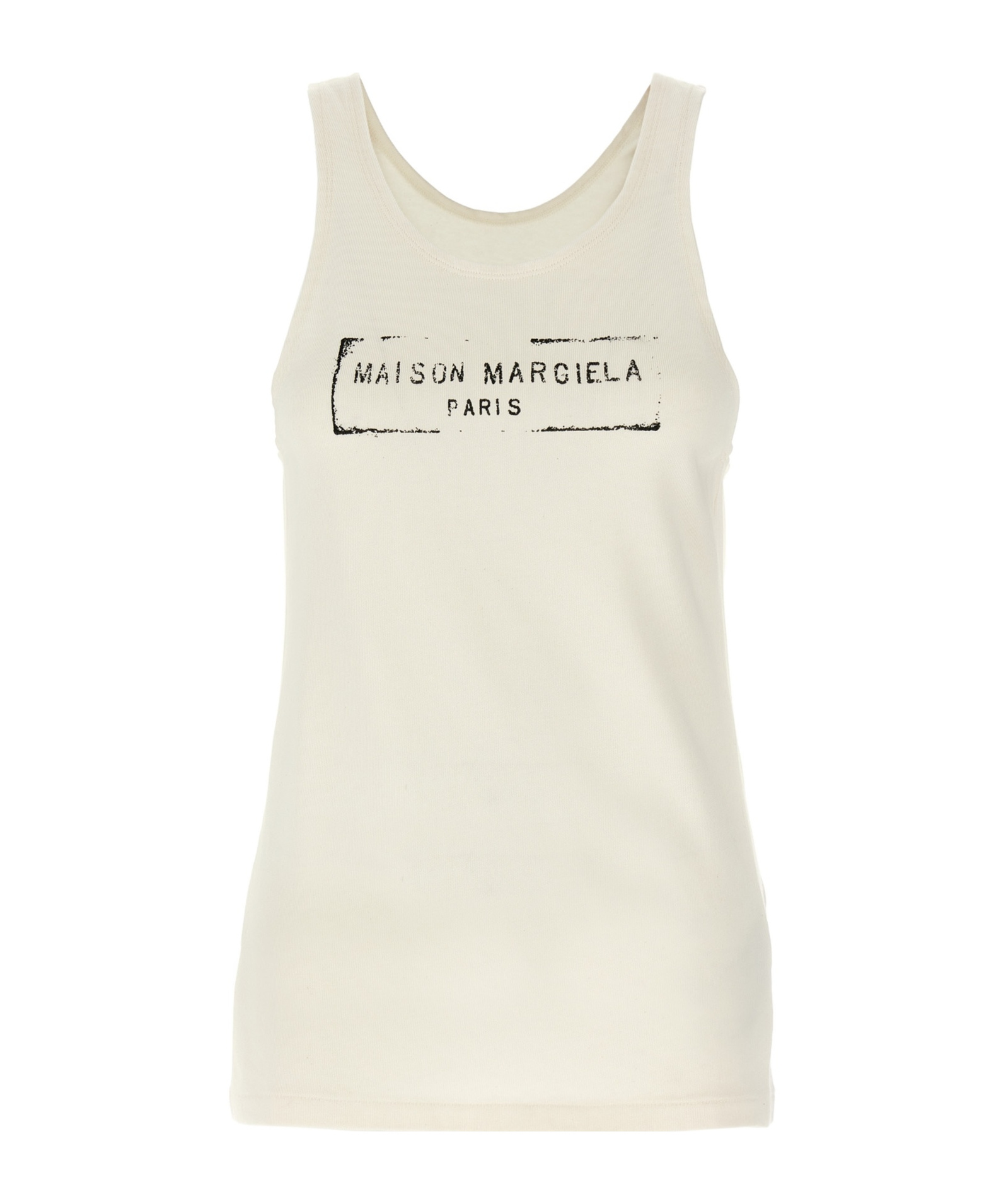 Maison Margiela Beige Top With Wide Neckline And Logo Printed On The Front In Viscose And Cotton Blend Woman In White