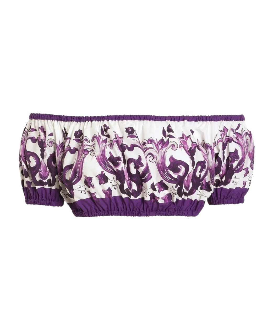 Dolce & Gabbana Violet Off-shoulder Cropped Top With All-over Floral Print In Cotton Woman In Purple