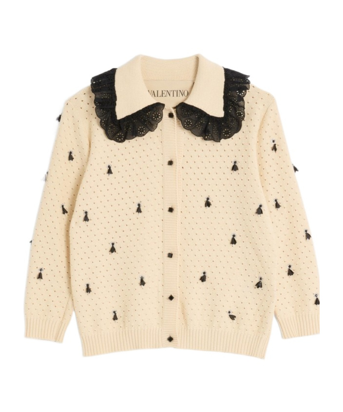 Valentino Pointelle Micro Tassel Ruffled Cardigan In Neutral