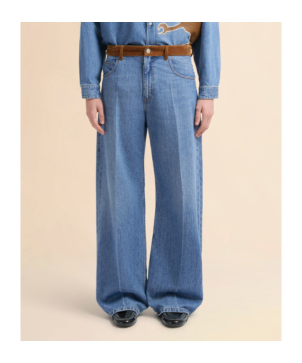 Marni Blue Denim Trousers With Velvet Waistband In Brown