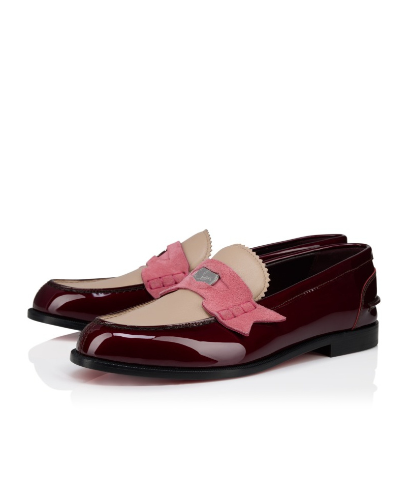 Christian Louboutin Donna Colorblock Mixed Leather Red Sole Penny Loafers In Burgundy