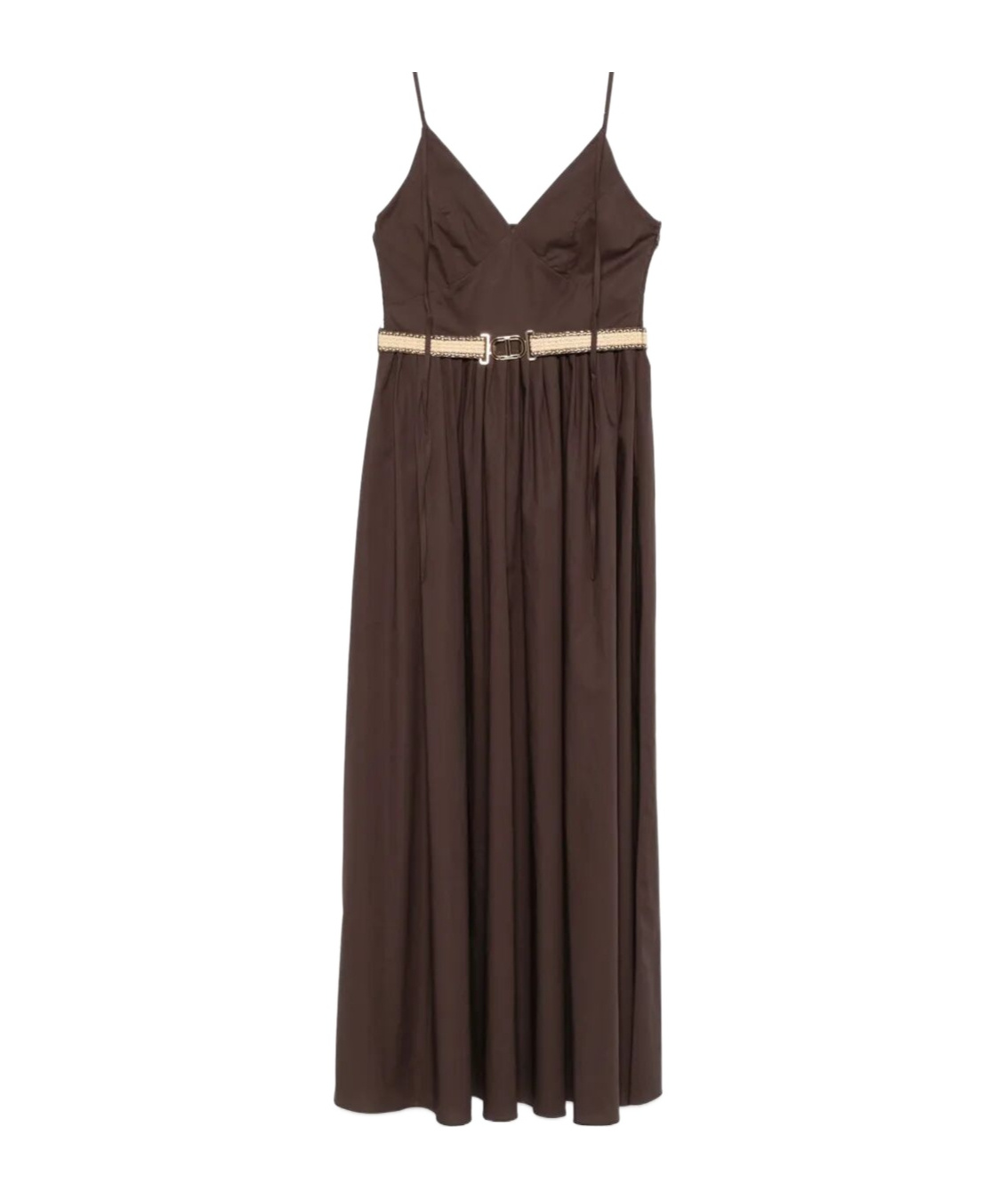 Twinset Coffee Brown Cotton Blended Long Dress With Belt Waist