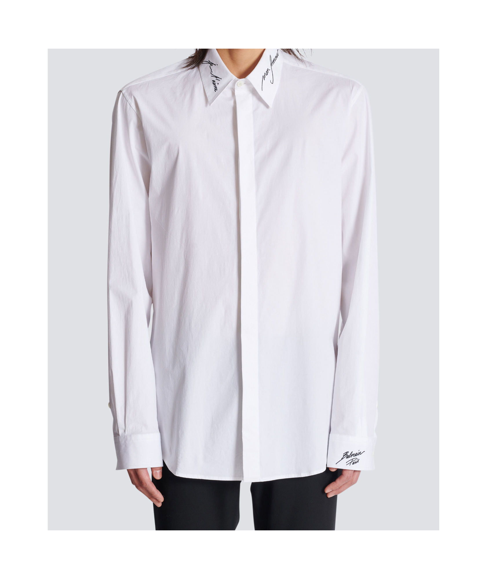 Shop Balmain Poplin Shirt With Embroidered Collar In White