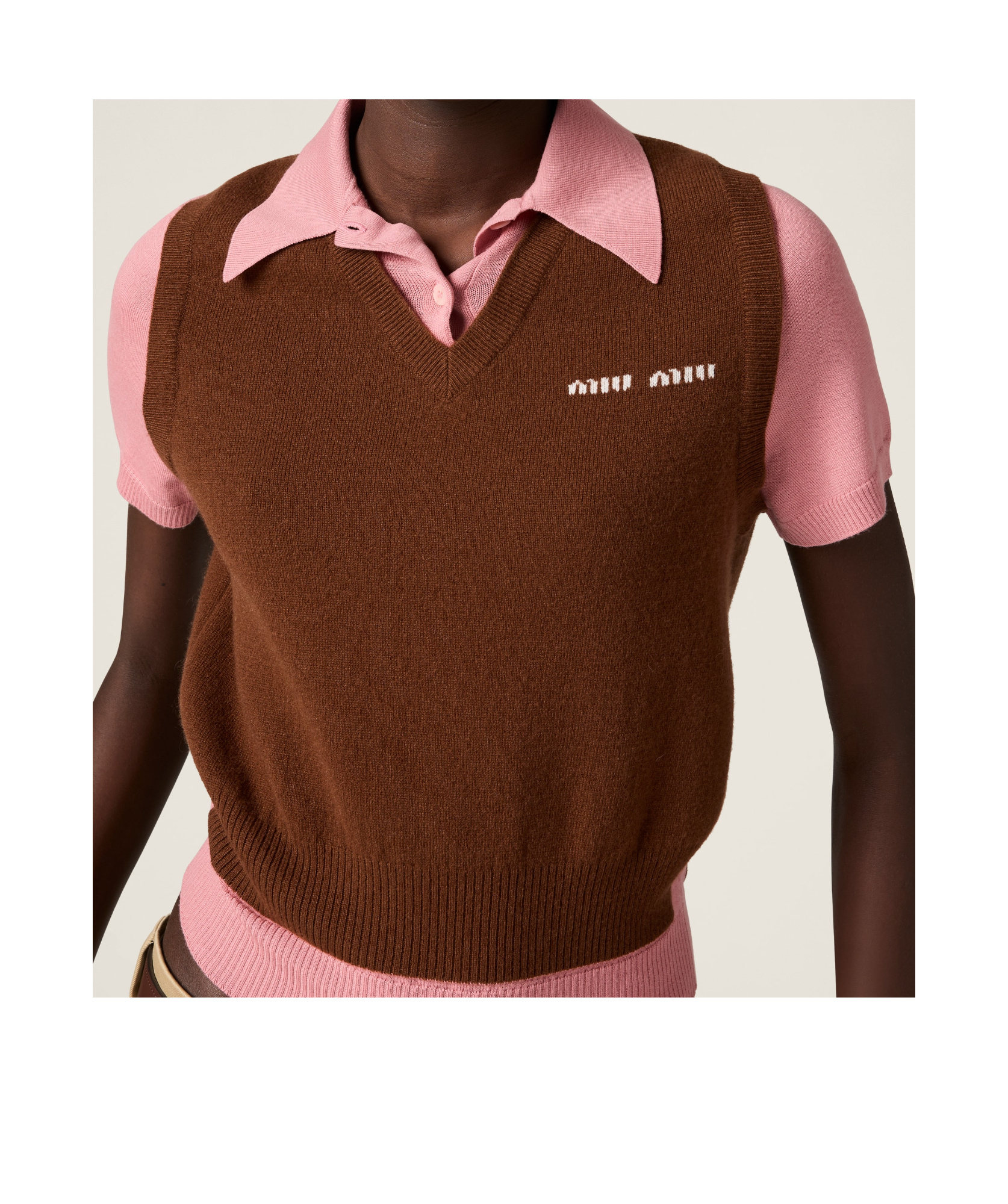 Miu Miu Short-sleeved Cashmere Polo Sweater In Brown