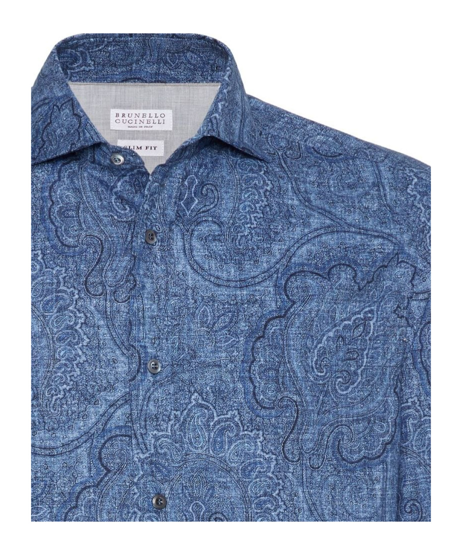 Shop Brunello Cucinelli Patterned Jacquard Cotton Shirt In Blue