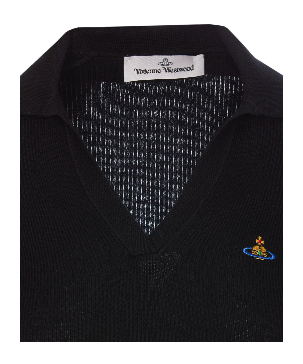 Vivienne Westwood Ribbed Texture V-neck Polo With Long Sleeves In Black