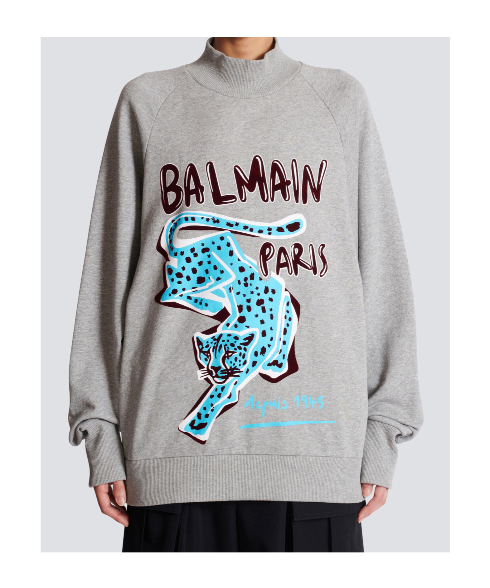Balmain Cheetah-print Turtleneck Sweatshirt In Gray