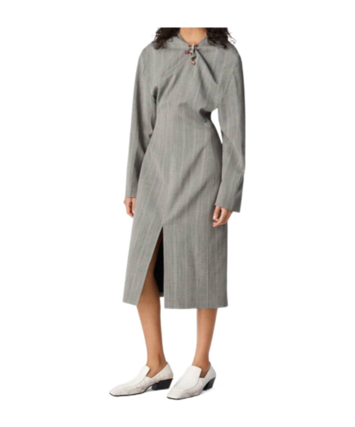 Bottega Veneta Subtle Stripe Melange Wool Dress With Frog Brooch In Volcano/bean Mixed Color