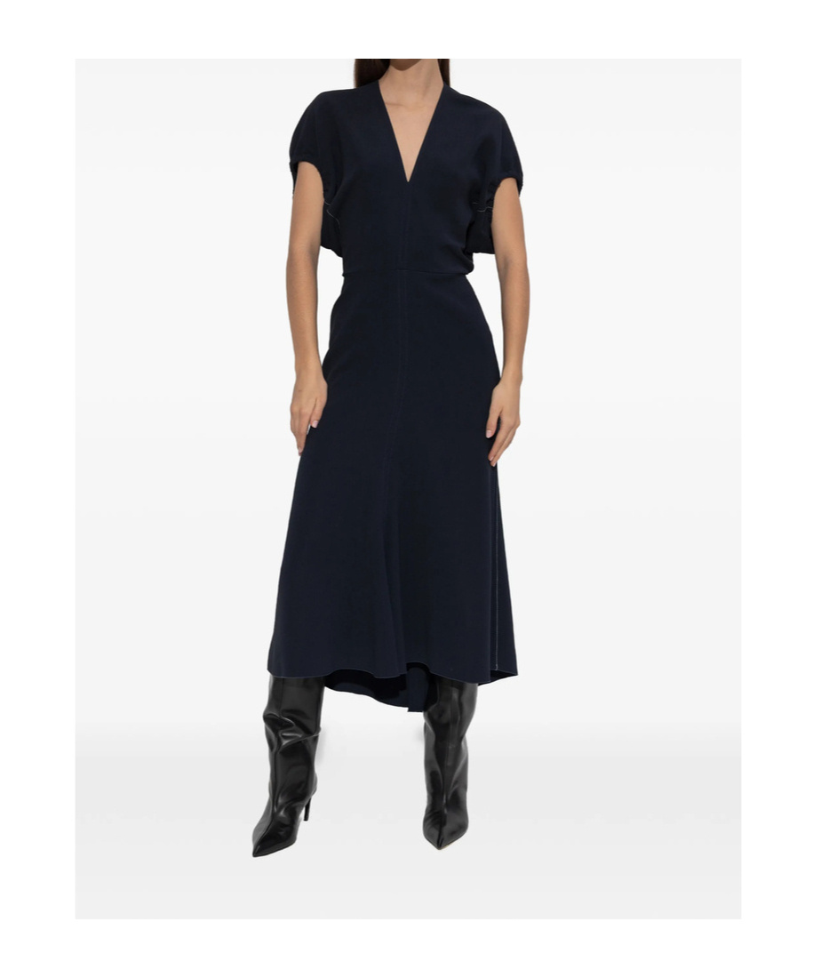 Victoria Beckham Blouson Detail V-neck Midi Dress In Blue