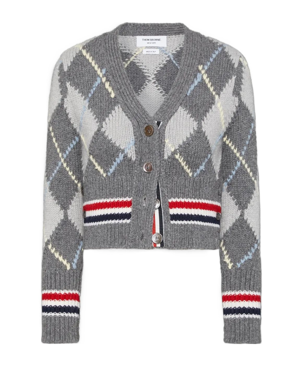 Thom Browne Argyle V Neck Cardigan In Merino Wool In Gray