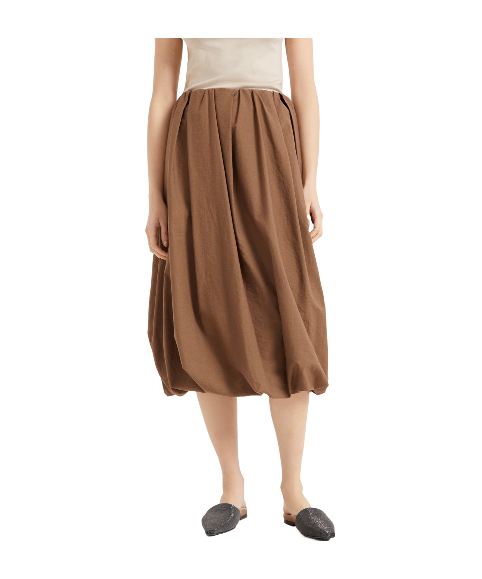 Brunello Cucinelli Cotton Blend Pleated Midi Skirt With Elastic Waistband In Brown