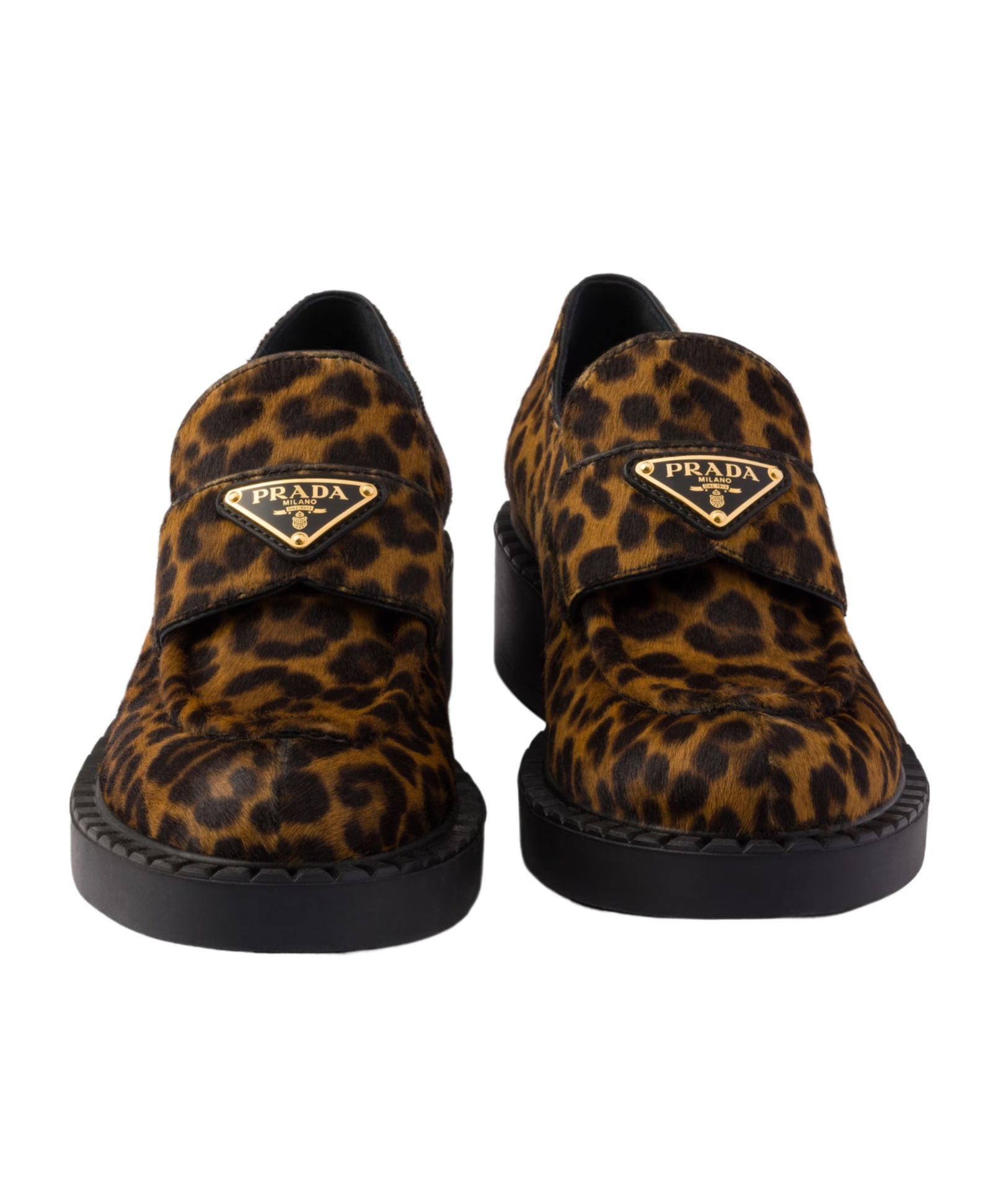 Prada Leopard Calf Hair Triangle Loafers In Black