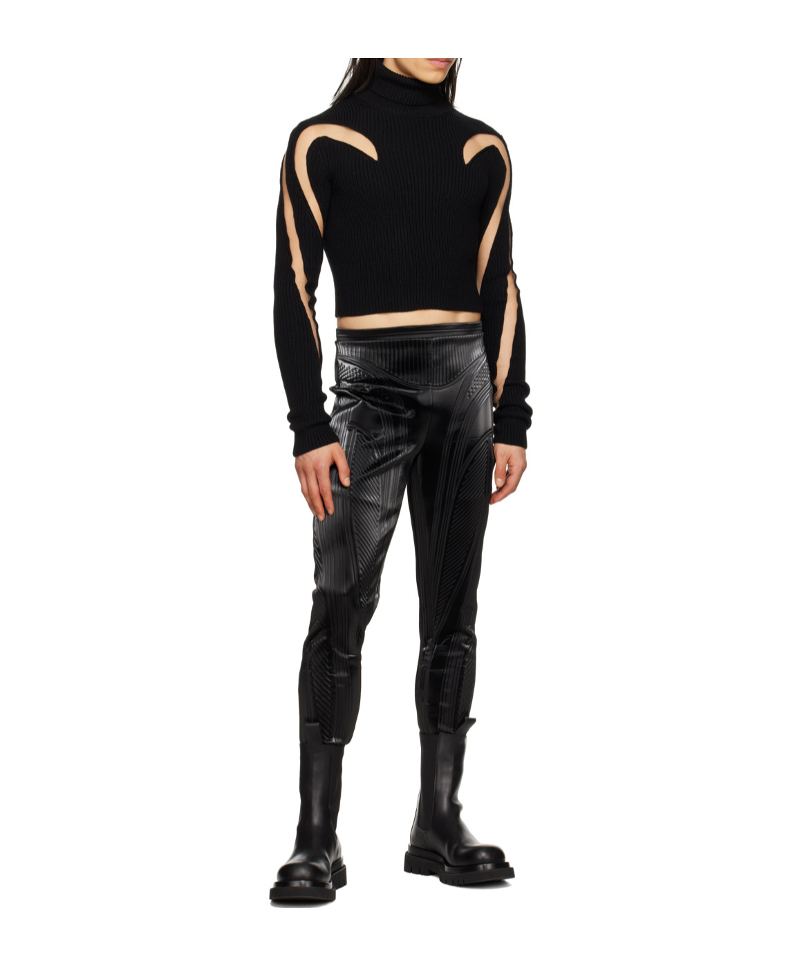 Mugler Wool & Sheer Tulle Turtleneck Sweater In Black
