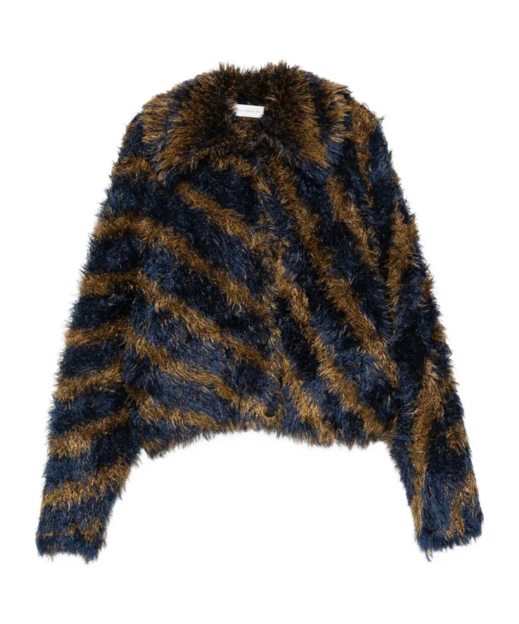 Dries Van Noten Striped Faux Fur Collared Cardigan Jacket In Brown