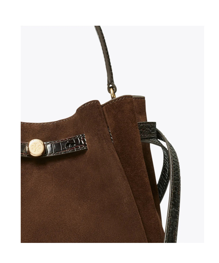 Tory Burch Romy Suede Belted Bucket Bag In Brown