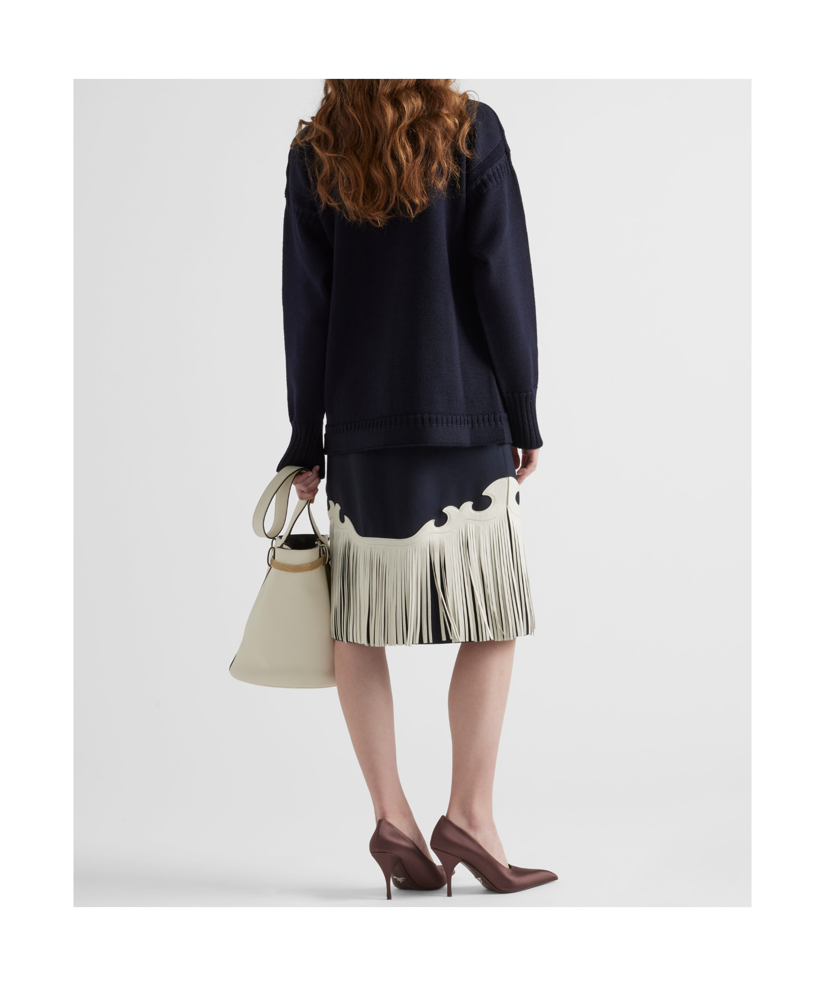 Prada Rush Stitch Skirt With Leather Fringe In Blue
