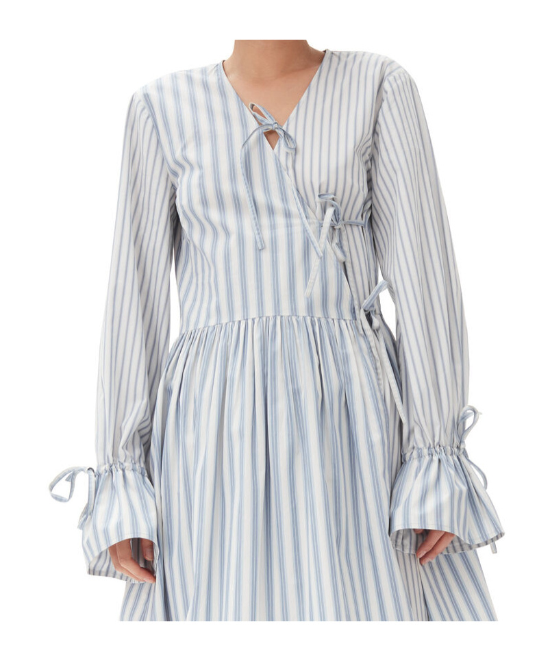 Ganni Stripe-print Cotton Mini Wrap Dress In White