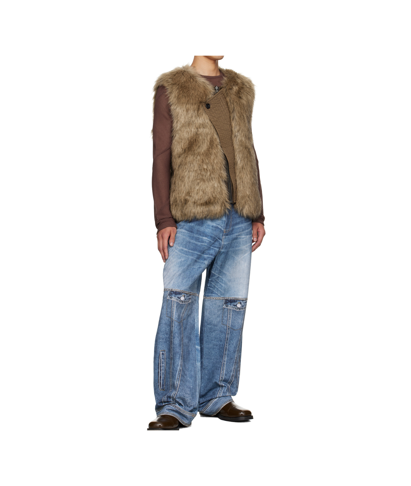 Andersson Bell Curved Placket Reversible Faux Fur Vest In Burgundy