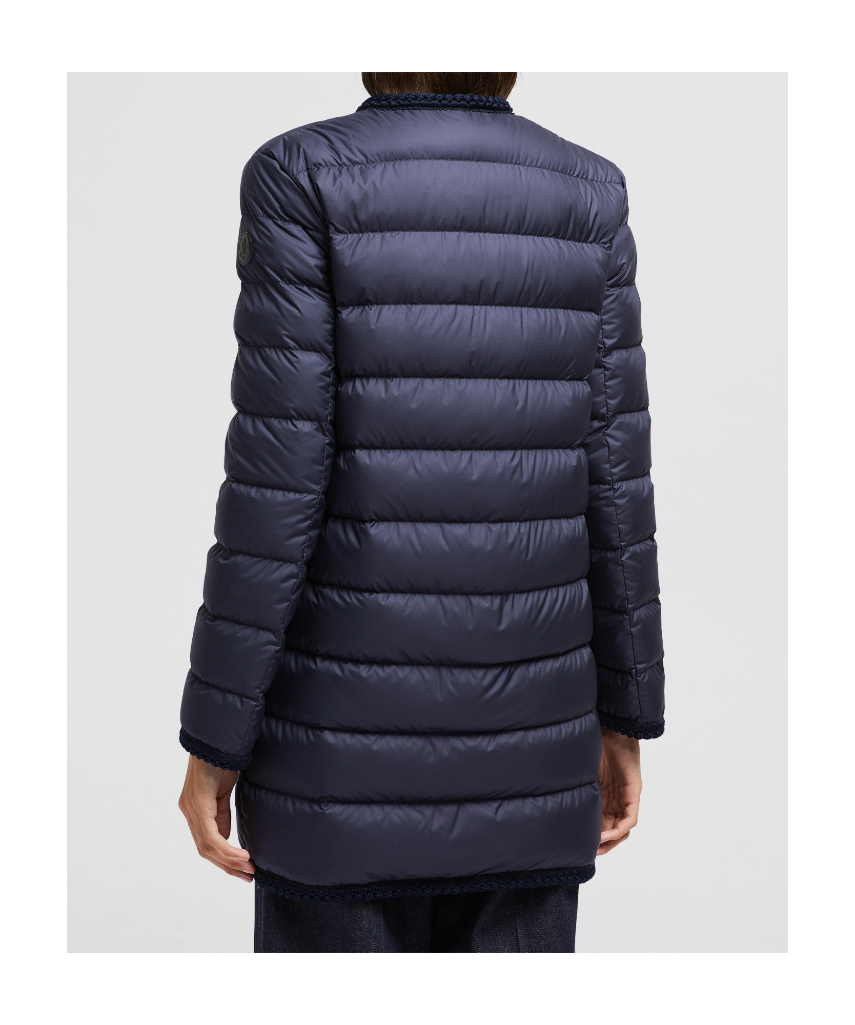 Moncler Gencaylong Woven Trimmed Long Down Jacket In Blue