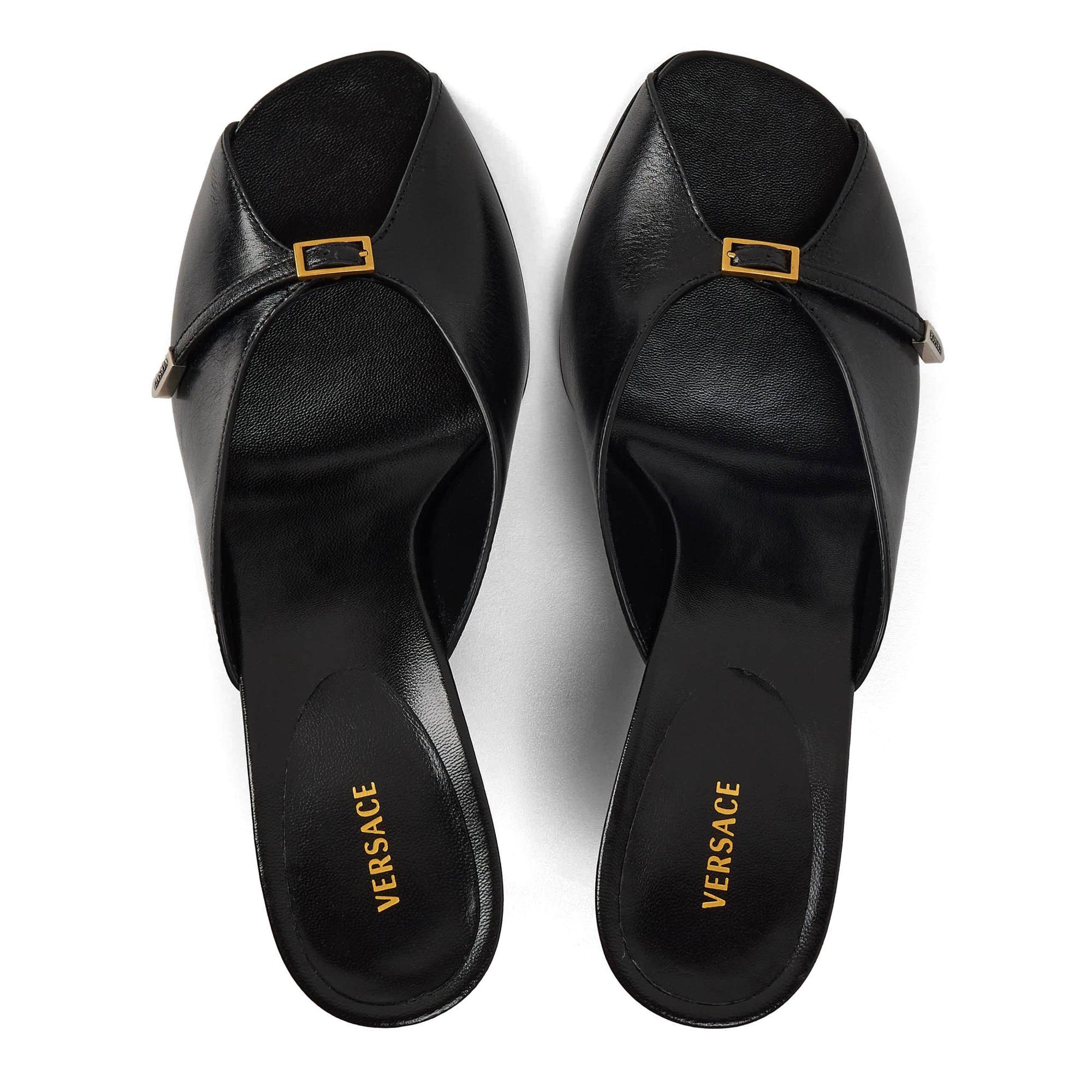 Versace Solid Color Heeled Mules In Black