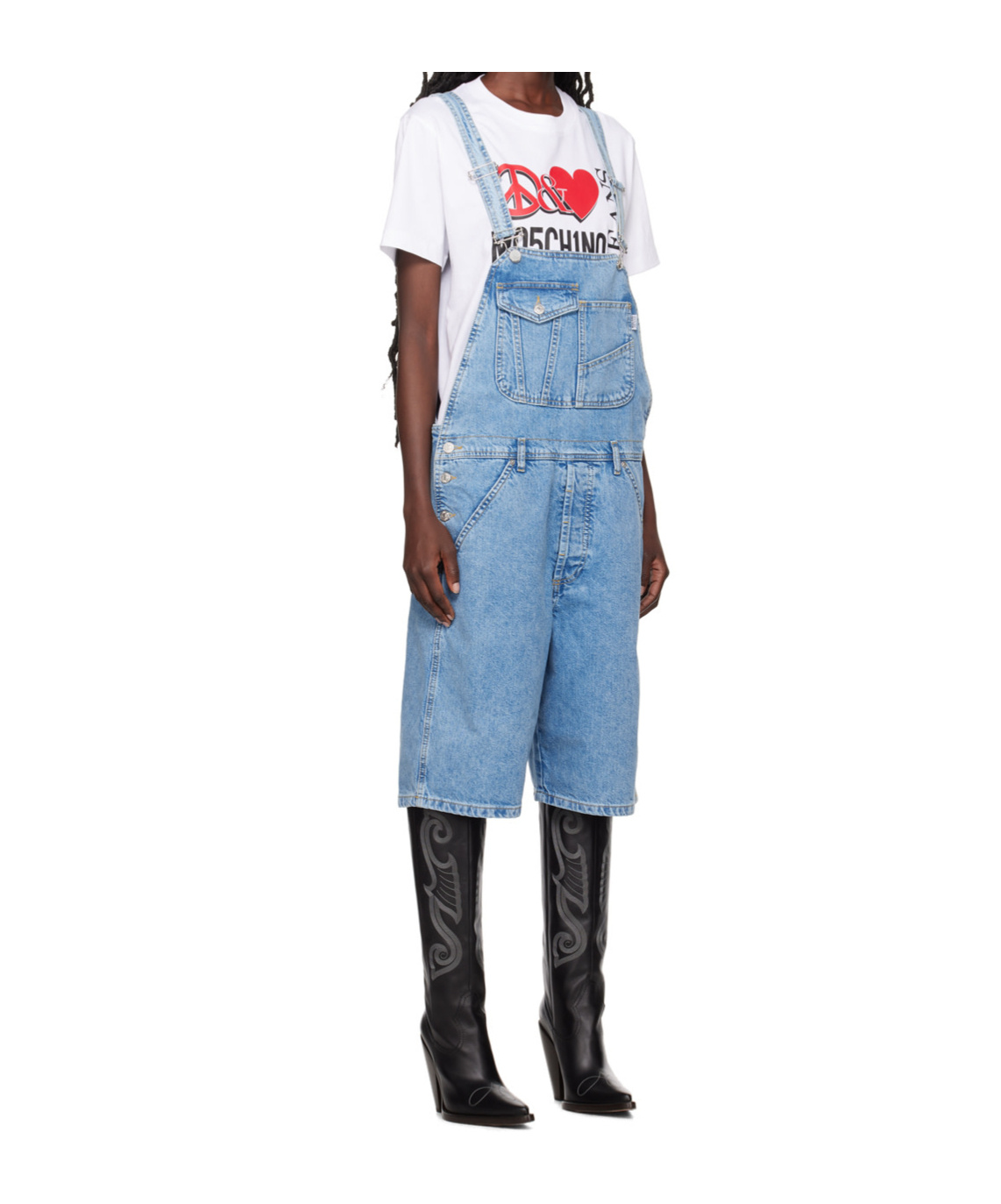 MOSCHINO SQUARE NECK DENIM OVERALLS