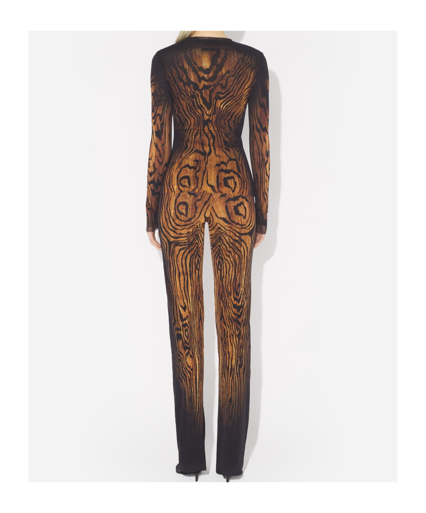 Jean Paul Gaultier Top Long Sleeves Mesh Printed Wood Woman Black And Brown In Brown