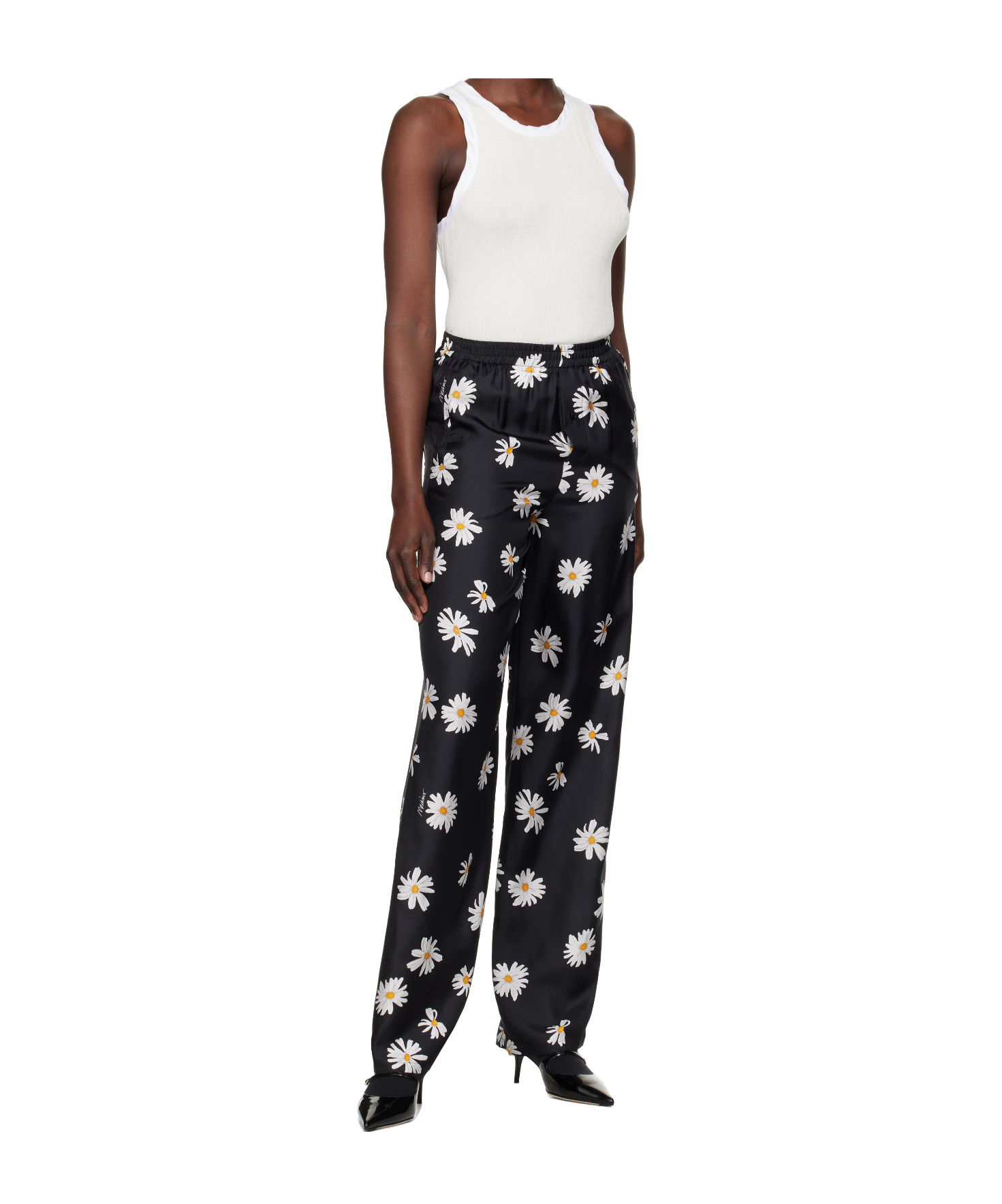 Moschino Black Silk Twill Allover Daisy Trousers In Black