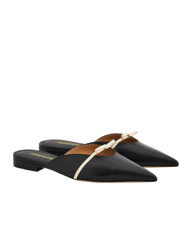 Ferragamo Giulye Mini Bow Leather Flat Mules In Black