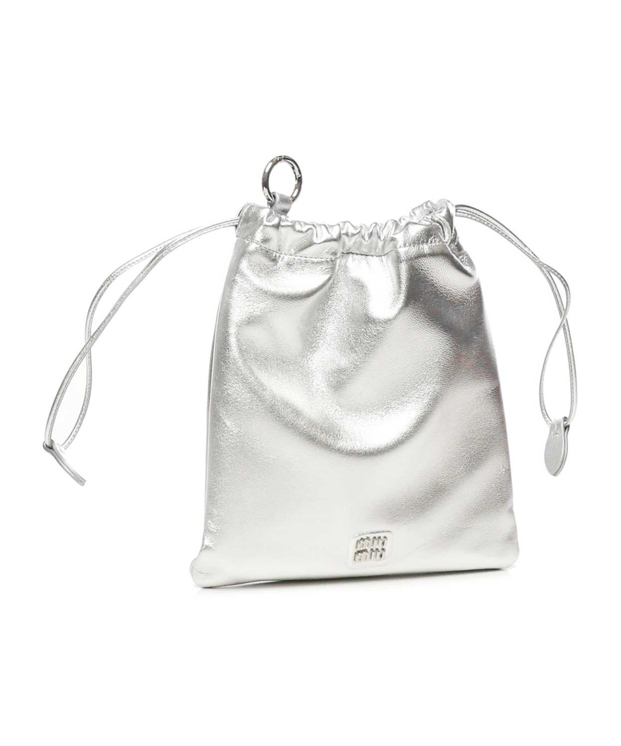 Miu Miu Logo Plaque Metallic Leather Pouch Bag In White
