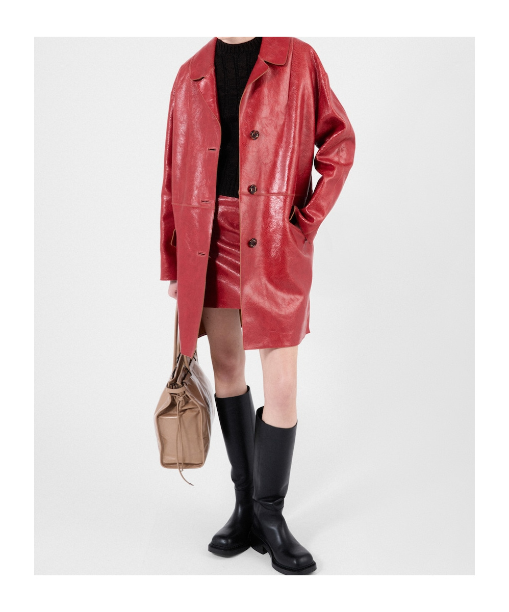 Prada Button-fastening Leather Coat In Red