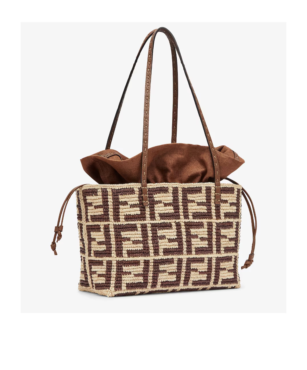 Fendi Brown Ff Raffia Crochet Shopper With Pouch In Brown