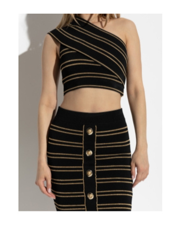 Balmain Striped One-shoulder Cropped Top With Lurex Thread In Black