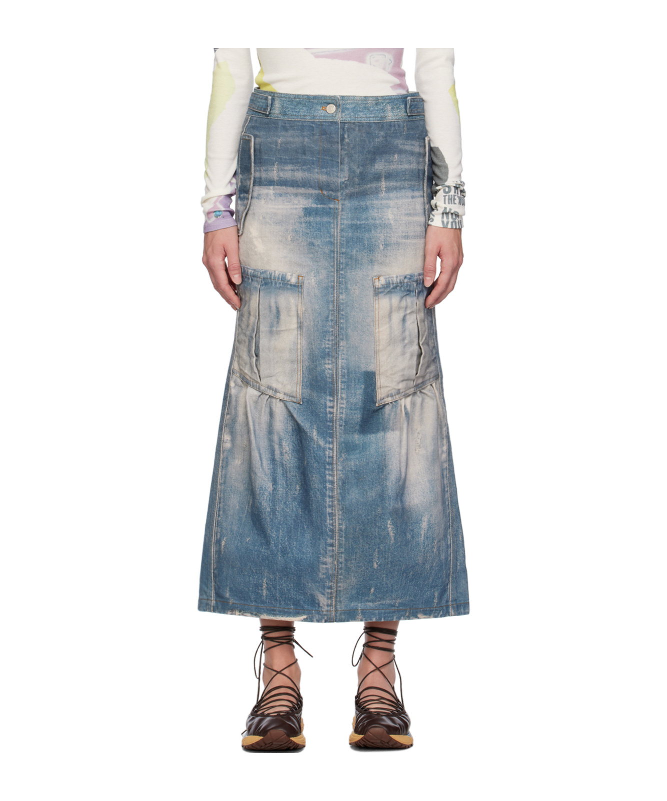 Open Yy Blue Jean Effect Denim Maxi Skirt In Blue