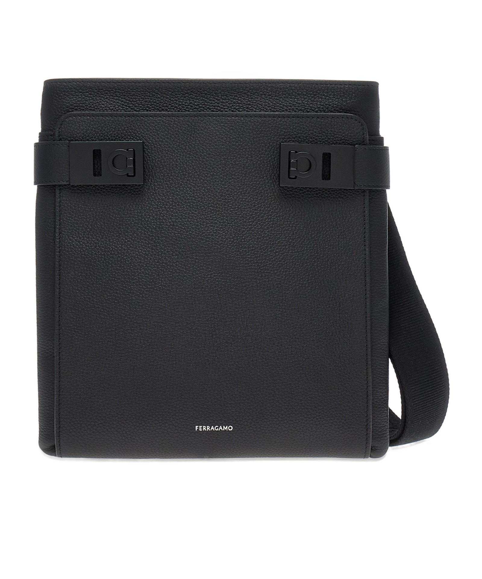 Ferragamo Structured Rectangular Shoulder Bag With Nylon Straps In Black
