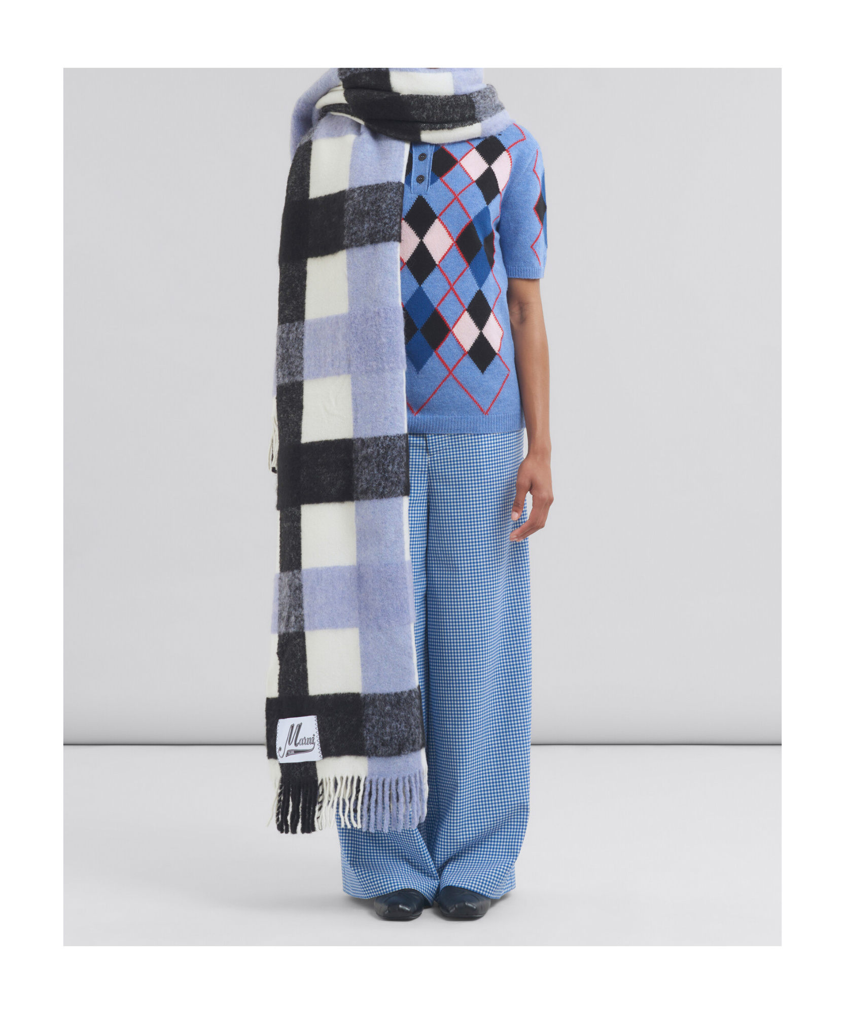 Marni Black And Light Blue Wool And Alpaca Throw In Multicolor
