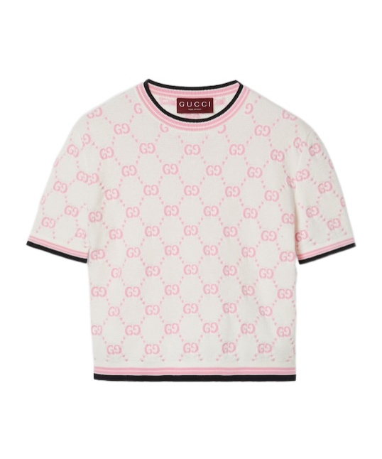 GUCCI COTTON CREWNECK TOP WITH GG INTARSIA