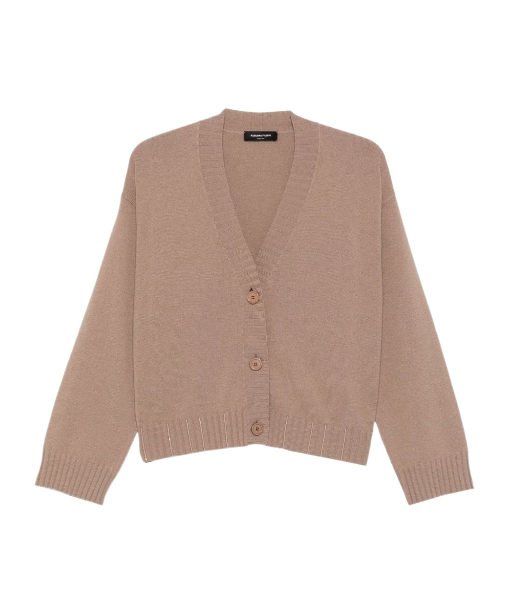 Fabiana Filippi Long Sleeve V Neck Top With Ribbed Cuffs And Hem In Brown