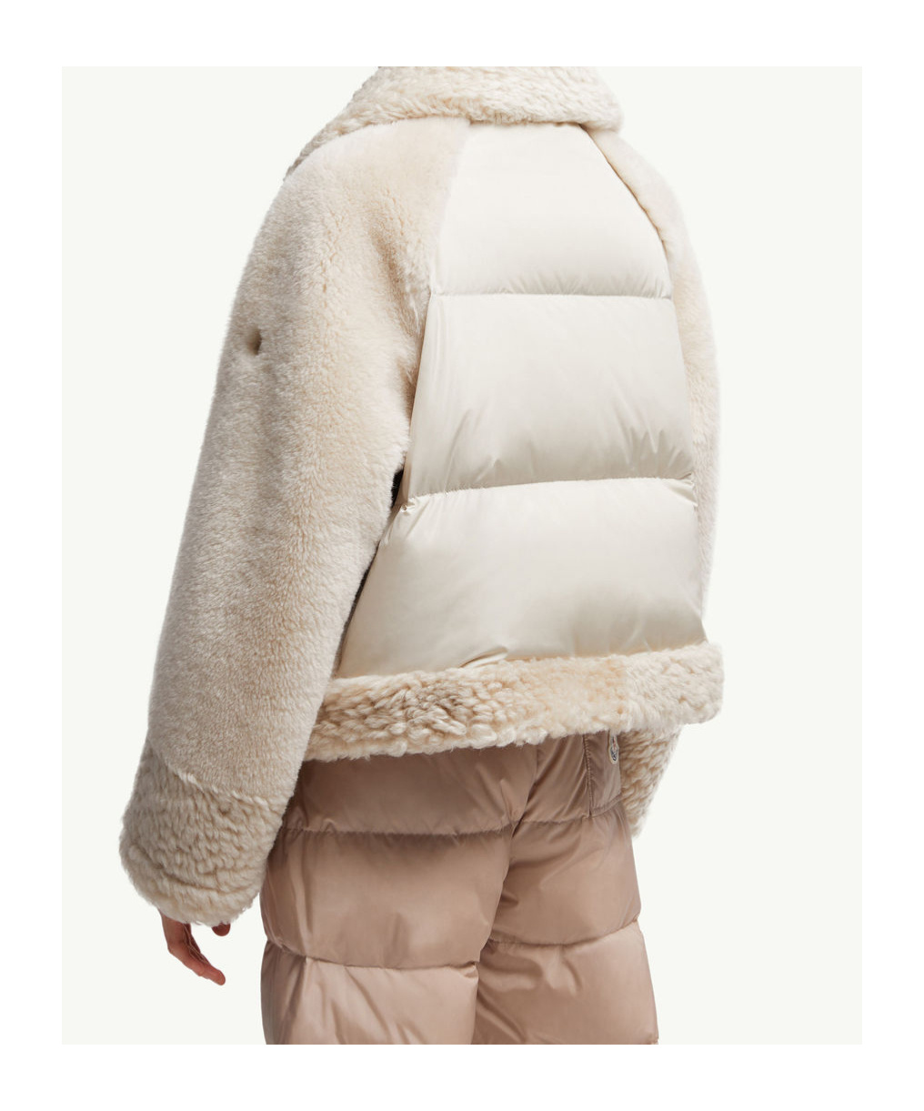 Moncler Gobain Shearling  Suede Short Down Jacket In Neutral