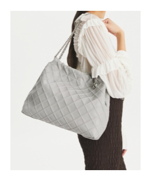Tory Burch 'fleming' Grey Diamond Quilted Shoulder Bag With Chain-link Handles