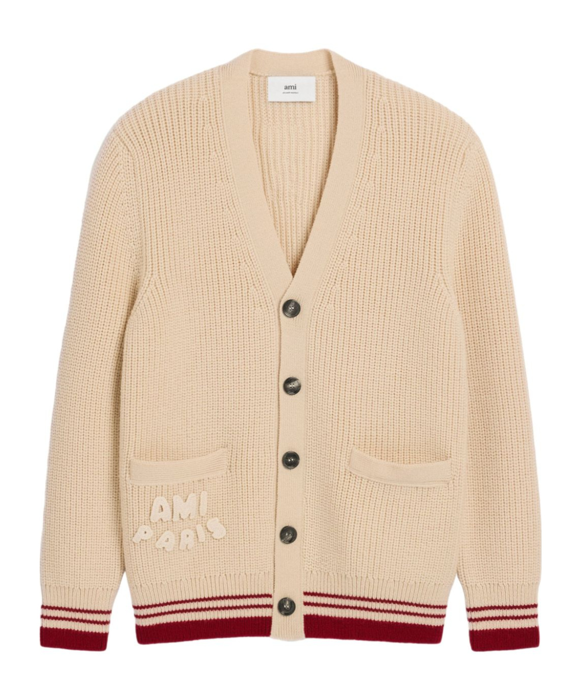 Shop Ami Alexandre Mattiussi Ribbed Wool Cardigan In Nude