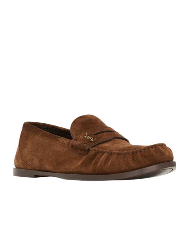 Saint Laurent Suede Penny Strap Loafers Round Toe In Brown